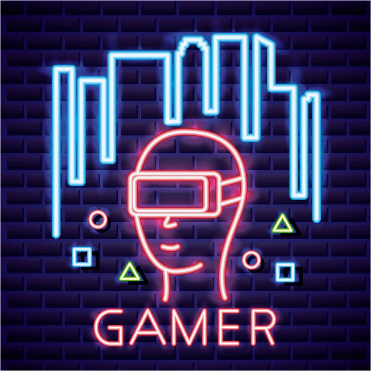 Vettore gratuito persona con occhiali per realtà virtuale, videogiochi neon stile lineare