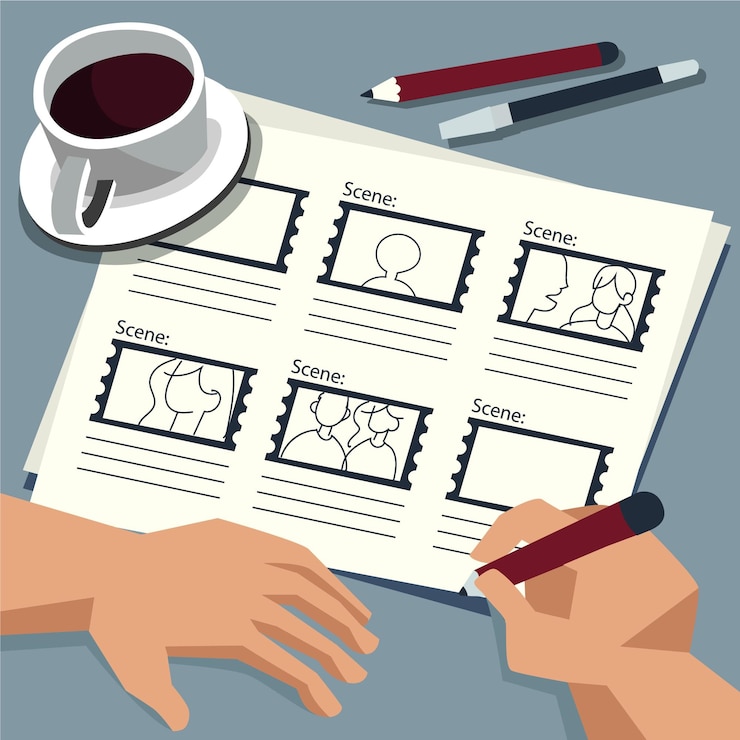 Vettore gratuito persona con storyboard e caffè