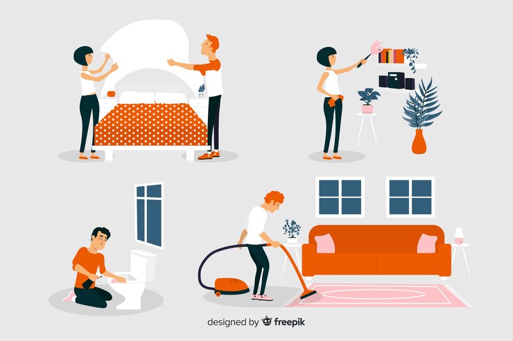 Vettore gratuito personaggi dal design piatto che organizzano e puliscono la casa