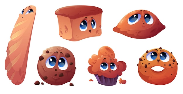 Personaggi dei cartoni animati da forno, allegre baguette francesi, cupcake e biscotti al cioccolato, tortini e simpatiche mascotte. Simpatici personaggi di cibo al forno gioiosi con facce sorridenti felici insieme vettoriale isolato