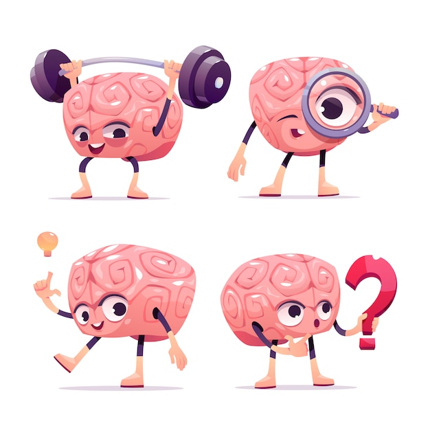 Personaggi del cervello, mascotte dei cartoni animati con la faccia buffa