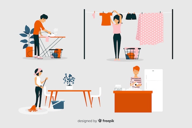 Personaggi di design piatto che svolgono lavori domestici diversi