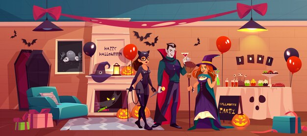 Personaggi di Halloween in interni decorati da festa
