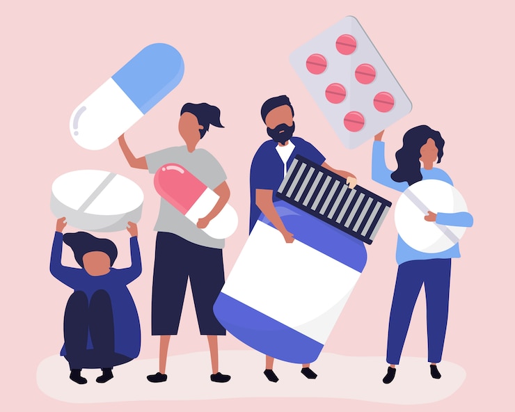 Vettore gratuito personaggi di persone che tengono icone farmaceutiche