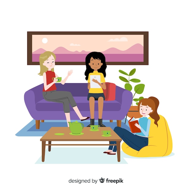 Personaggi femminili di design piatto che trascorrono del tempo insieme al chiuso