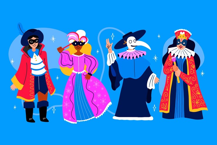 Vettore gratuito personaggi in costume di carnevale circondati da coriandoli