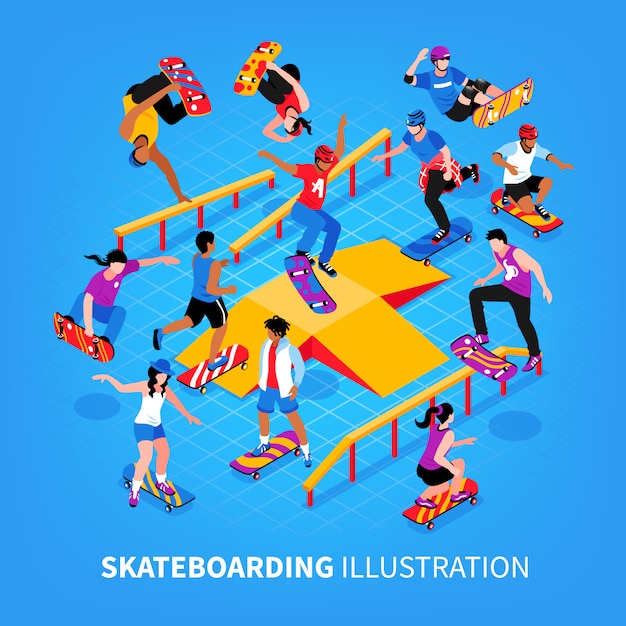 personaggi umani di skateboarder saltando e cavalcando i loro longboard eseguendo esercizi illustrazione vettoriale