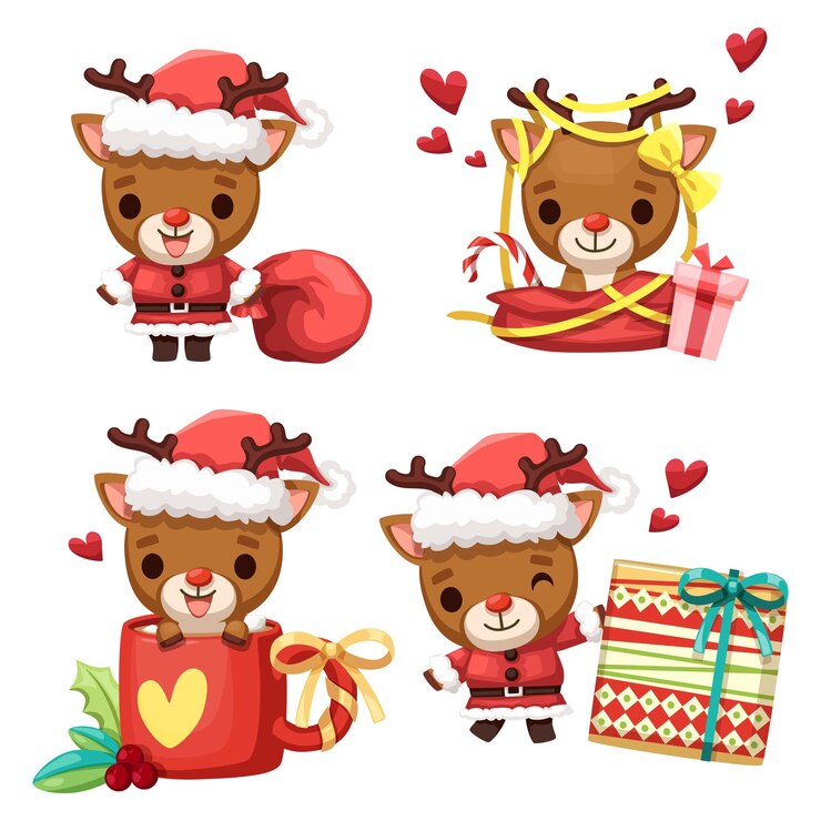 Vettore gratuito personaggio cervo di babbo natale con una varietà di pose, stati d'animo ed elementi per la decorazione