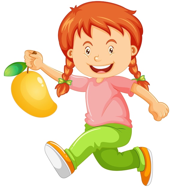 Personaggio dei cartoni animati della ragazza felice che tiene un mango