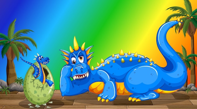 Personaggio dei cartoni animati di drago e bambino su sfondo sfumato arcobaleno