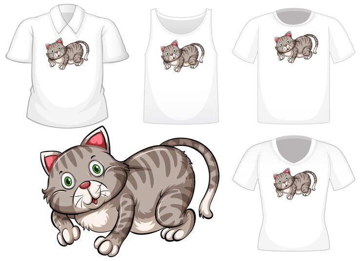 Vettore gratuito personaggio dei cartoni animati di gatto con set di camicie diverse isolate su bianco