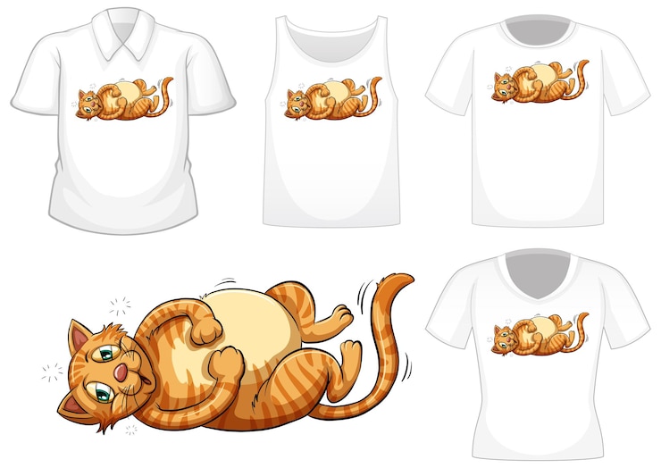 Vettore gratuito personaggio dei cartoni animati di gatto con set di camicie diverse isolato su bianco