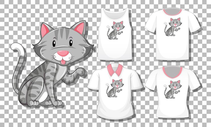Vettore gratuito personaggio dei cartoni animati di gatto con set di camicie diverse isolato su sfondo trasparente