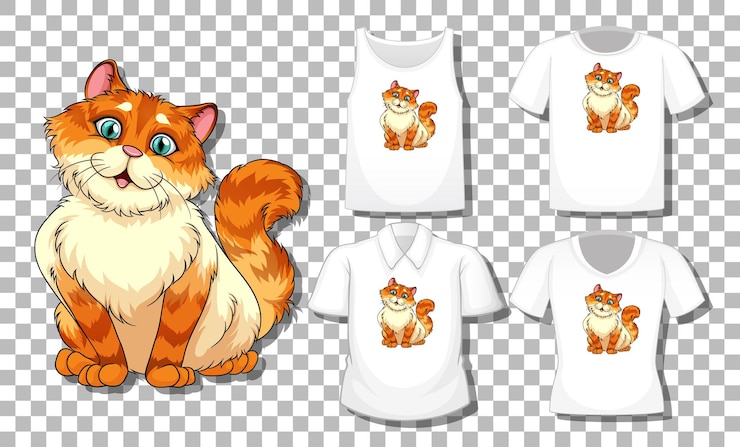 Vettore gratuito personaggio dei cartoni animati di gatto con set di camicie diverse isolato su trasparente