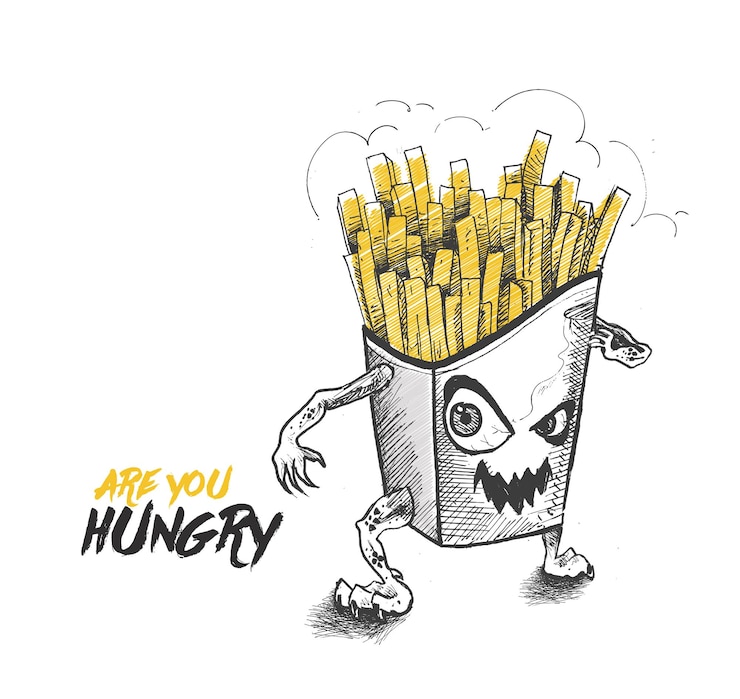 Vettore gratuito personaggio dei cartoni animati di patatine fritte arrabbiate per il design monocromatico della scheda del menu dell'annuncio di fast food