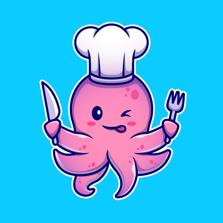Vettore gratuito personaggio dei cartoni animati di polpo chef tenendo coltello e forchetta. cibo per animali isolato.