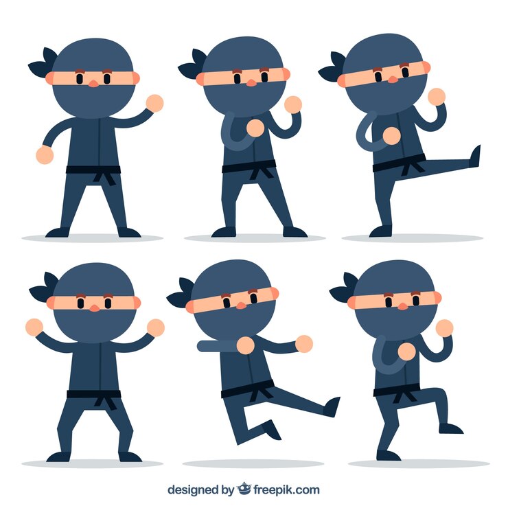 Vettore gratuito personaggio ninja piatto in diverse pose