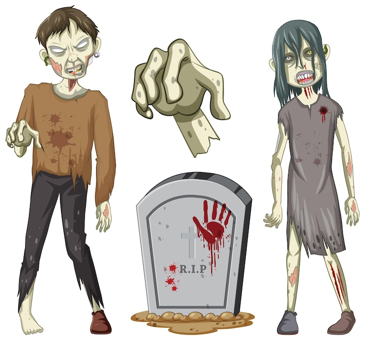 Vettore gratuito personaggio zombie inquietante e lapide su sfondo bianco