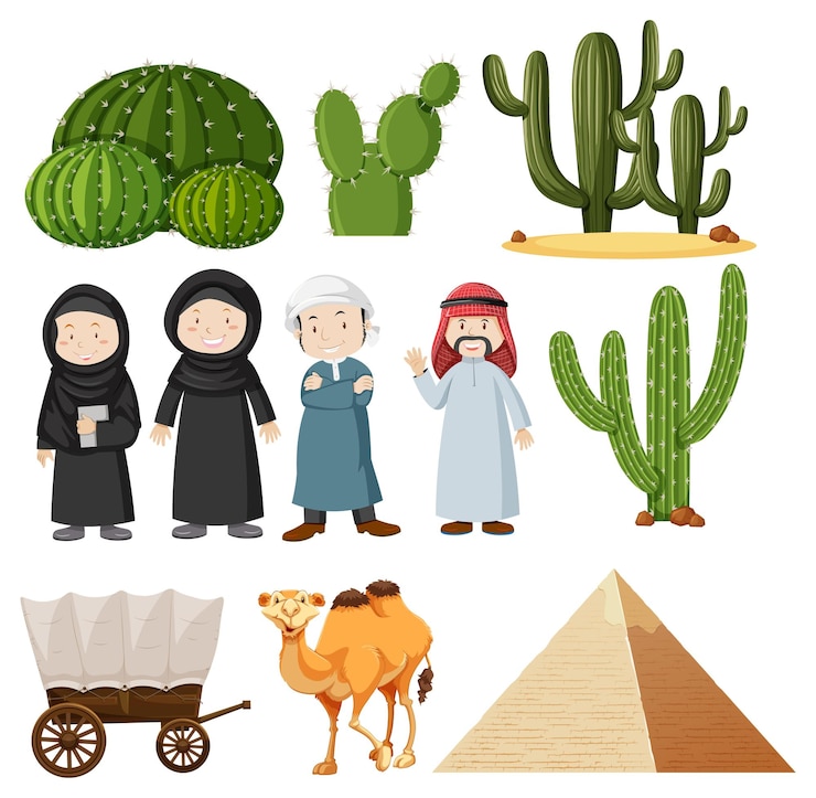 Vettore gratuito persone arabe e piante di cactus