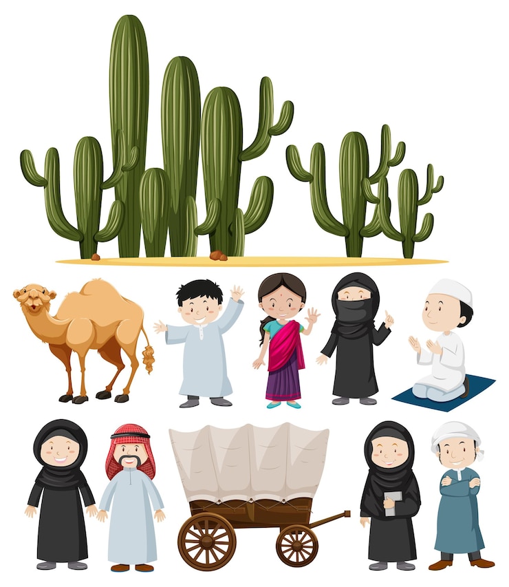 Vettore gratuito persone arabe e piante di cactus