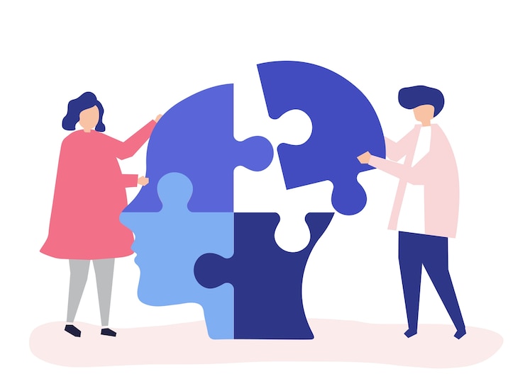Vettore gratuito persone che collegano pezzi di puzzle di una testa insieme