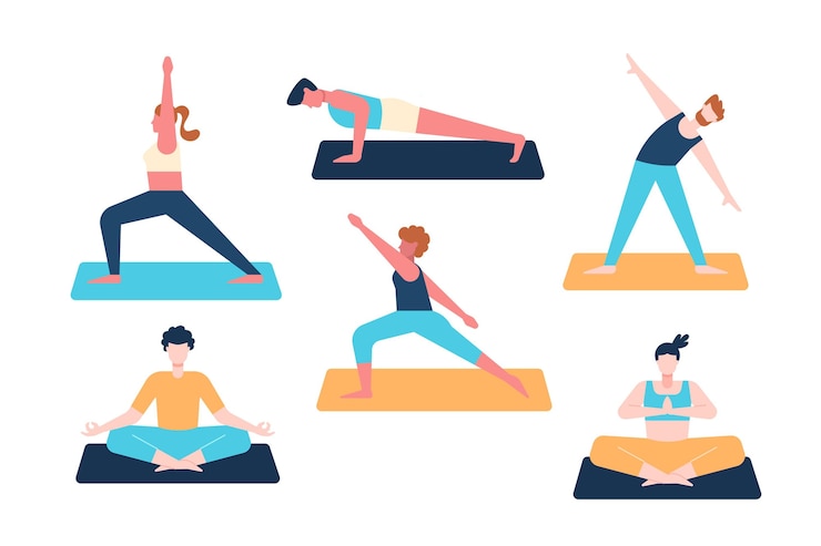 Vettore gratuito persone che fanno yoga design piatto