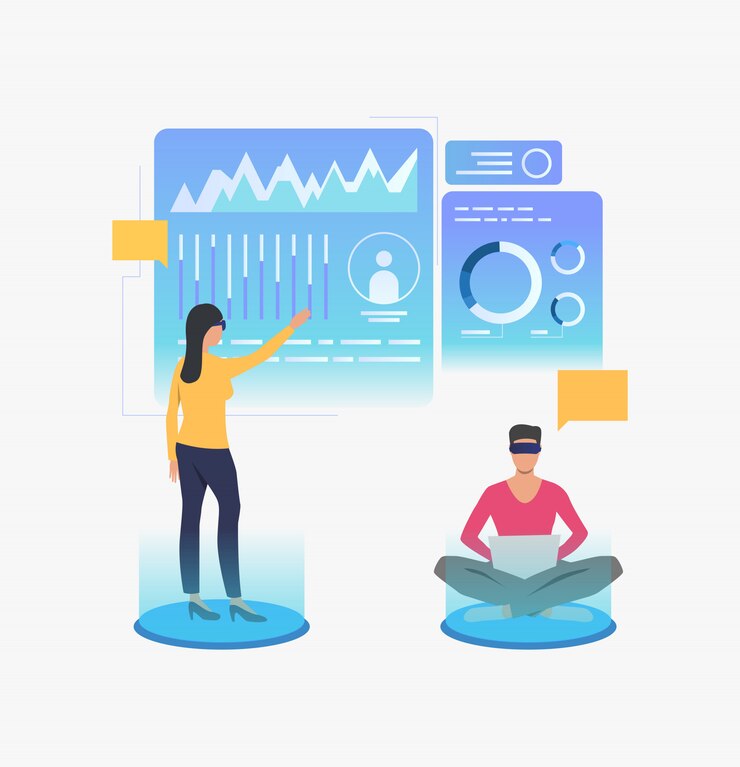 Vettore gratuito persone che indossano occhiali vr e lavorano nell'interfaccia virtuale