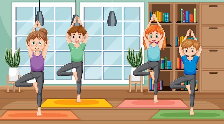 Vettore gratuito persone che praticano esercizi di yoga e meditazione