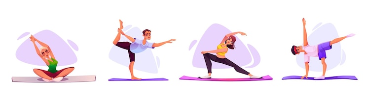 Vettore gratuito persone che praticano posture di yoga di allungamento