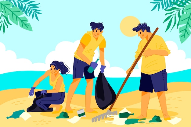 Persone che puliscono la spiaggia