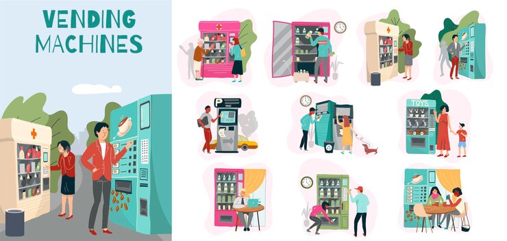 Vettore gratuito persone che utilizzano bancomat e distributori automatici per acquistare spuntini, bevande, giocattoli e medicine