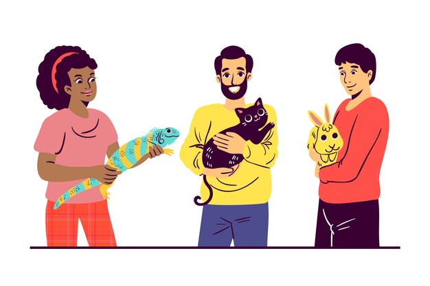 Persone con diversi animali domestici illustrati