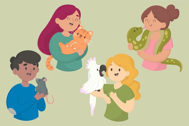 Persone con diversi animali domestici illustrazione