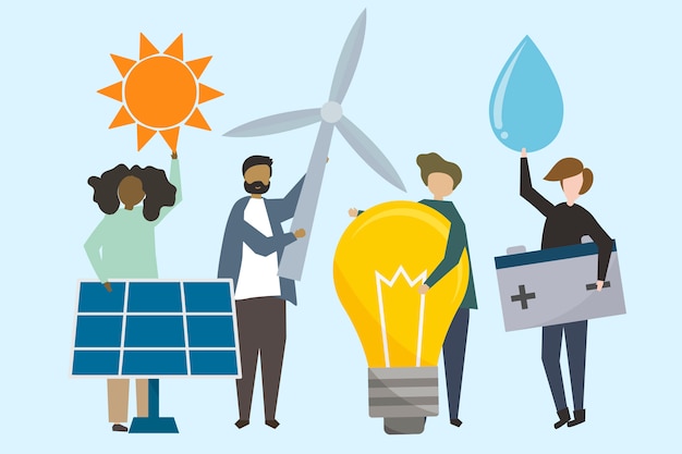 Persone con illustrazione delle risorse energetiche rinnovabili