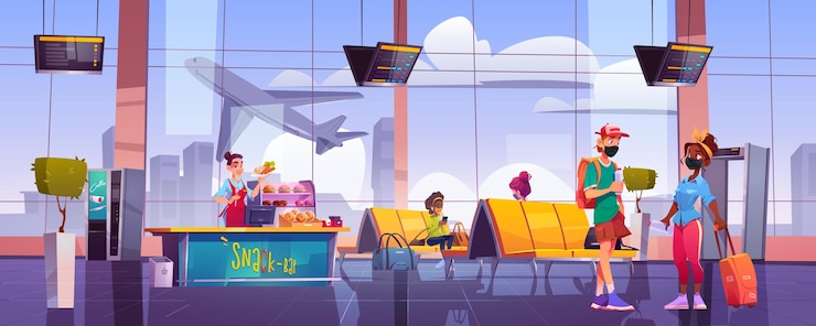 Vettore gratuito persone con le maschere nella sala d'attesa dell'aeroporto