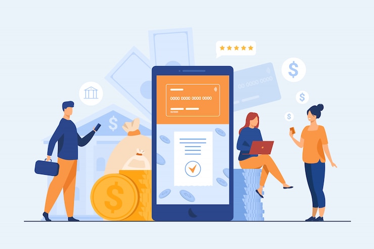 Vettore gratuito persone con smartphone che utilizzano l'app di mobile banking