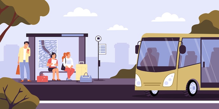 Vettore gratuito persone con valigie in attesa dell'autobus su una comoda fermata piatta illustrazione vettoriale