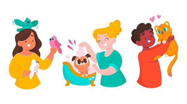 Persone del fumetto con animali domestici insieme