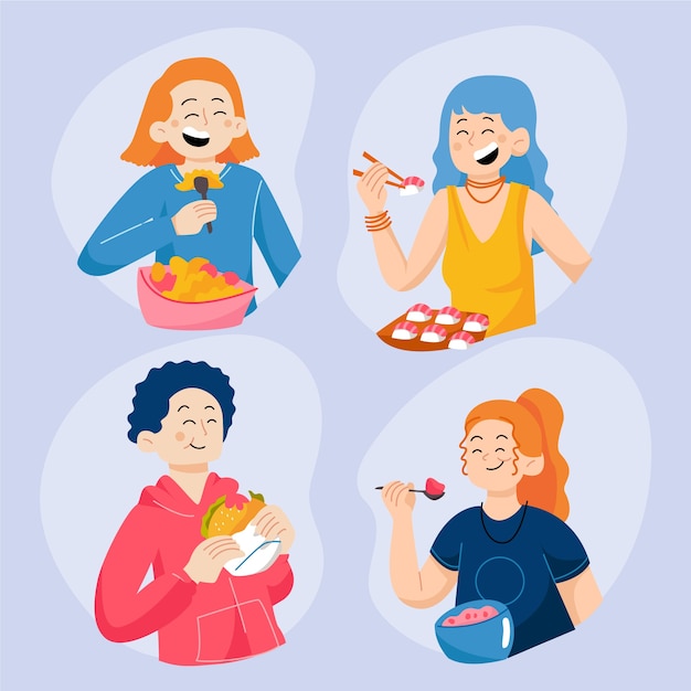 Persone di design piatto disegnato a mano che mangiano collezione