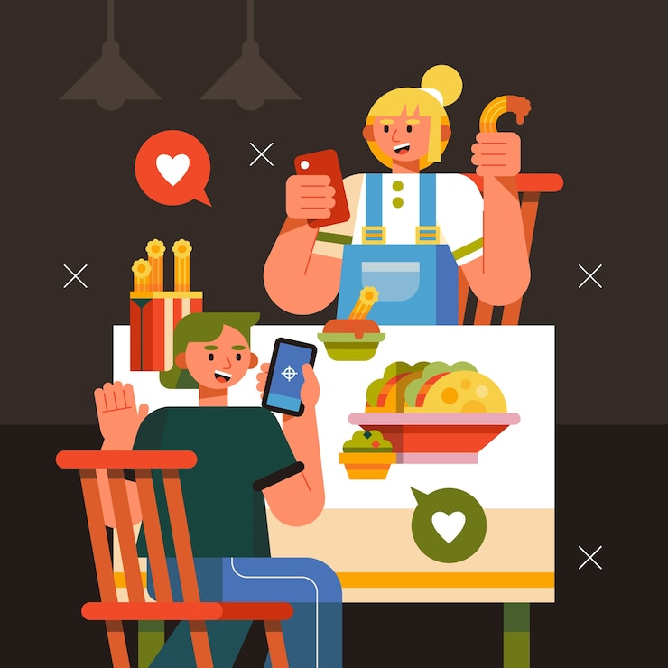 Vettore gratuito persone disegnate a mano che scattano foto dell'illustrazione del cibo