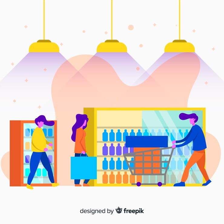 Vettore gratuito persone disegnate a mano sullo sfondo del supermercato