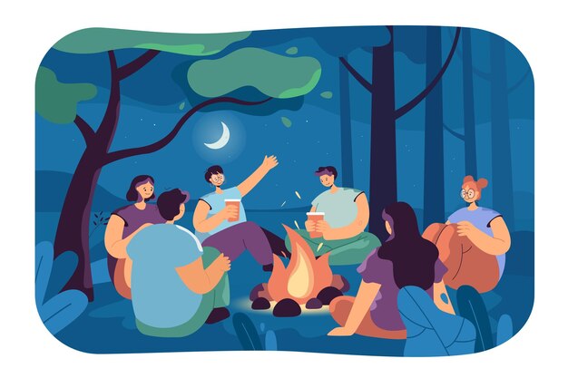 Persone felici che raccontano storie spaventose intorno al fuoco. Amici seduti accanto al fuoco nel campo di notte in estate piatta illustrazione vettoriale. Comunicazione, amicizia, stagioni, concetto di campeggio per banner