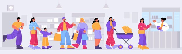 Persone in fila in farmacia