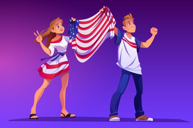 Persone in possesso di bandiera USA a dimostrazione, manifestazione politica o celebrazione nazionale. fumetto illustrazione di un uomo e di una donna con la bandiera degli Stati Uniti d'America. Attivisti patriottici americani