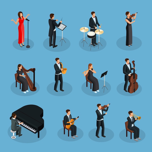 Persone isometriche nella collezione di orchestra con cantante conduttore e musicisti che suonano diversi strumenti musicali isolati