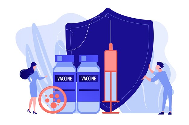 Persone minuscole medici e siringa con vaccino, scudo. Programma di vaccinazione, vaccino per l'immunizzazione delle malattie, concetto di protezione della salute medica. Rosa corallo bluevector illustrazione vettoriale isolato