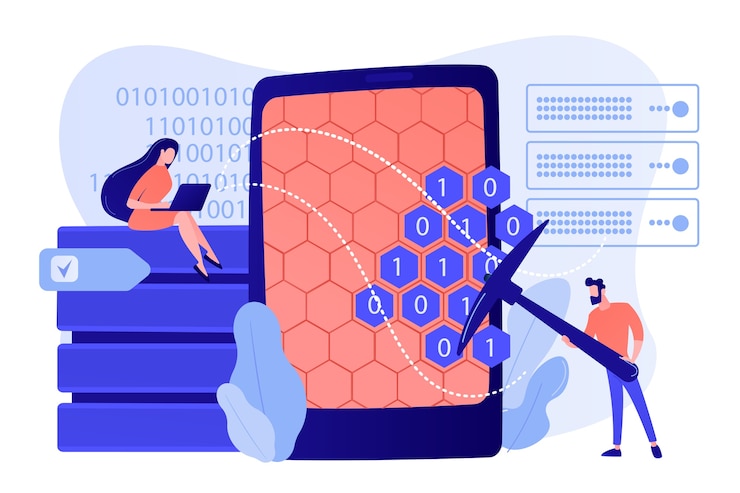 Vettore gratuito persone minuscole, scienziati al tablet con l'estrazione di picconi. data mining, data warehouse sourcing, concetto di tecniche di raccolta dati