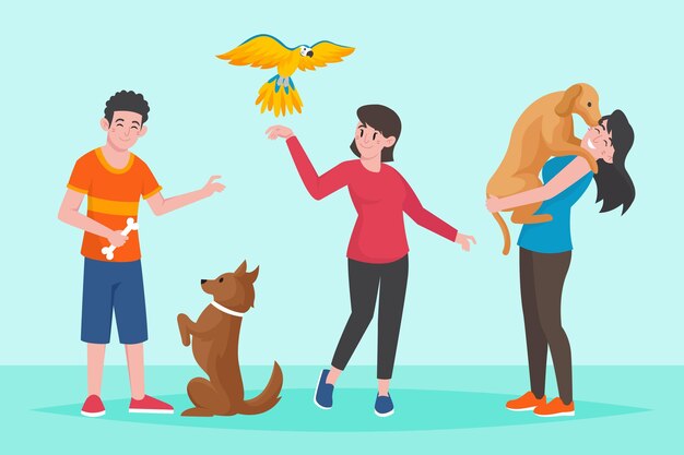 Persone piatte con animali domestici all'aperto