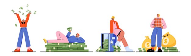 Persone ricche con uomini e donne felici di soldi impostati