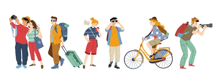 Vettore gratuito persone turisti con valigie e zaini